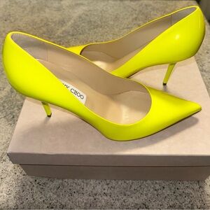 Jimmy Choo Neon Citron Patent Leather Agnes OPAF Pointed Toe Pumps size 40.5
